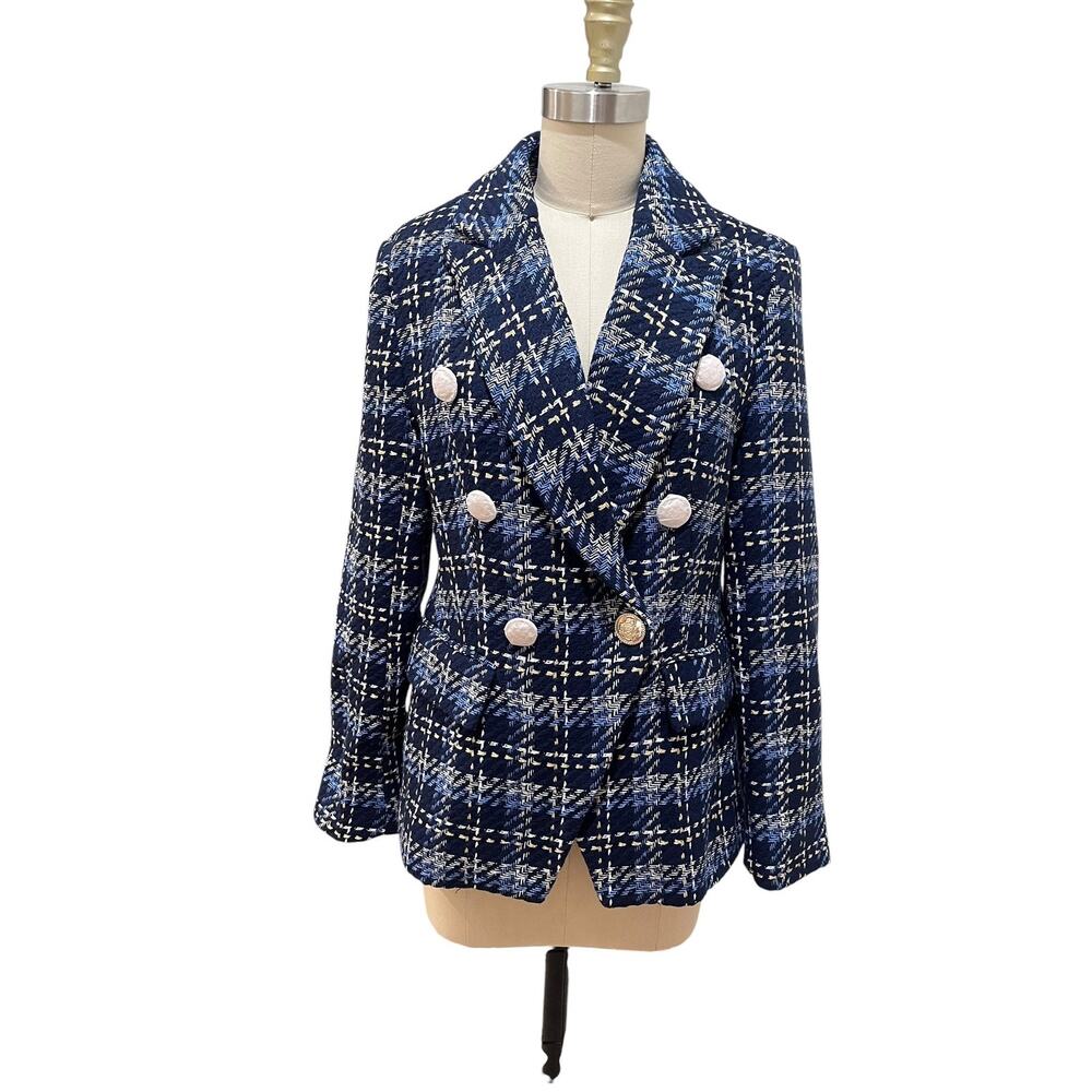 Boston Proper Blazer Womens Size 10 Blue Plaid Tweed Gold Button Double Breasted - Picture 4 of 13
